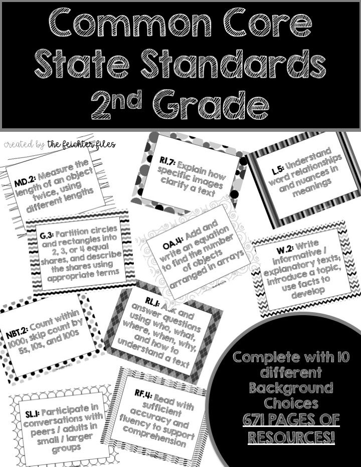 2nd Grade Common Core State Standards CCSS Posters Black White 