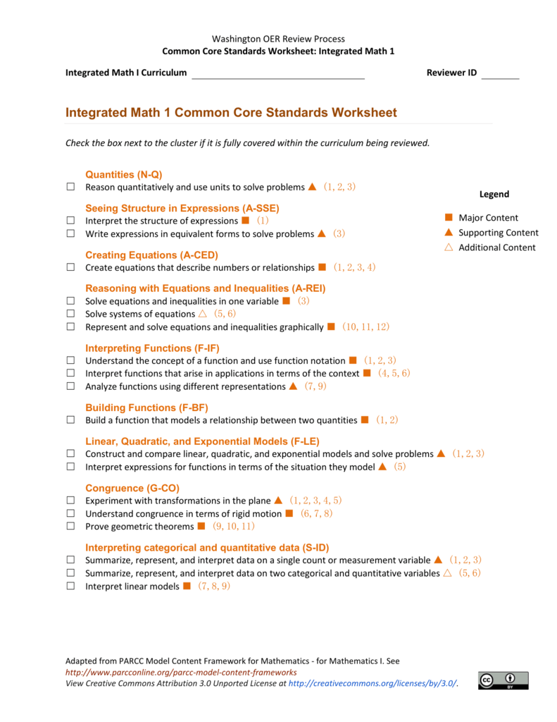 4 Integrated Math 1 Common Core Standards Worksheet