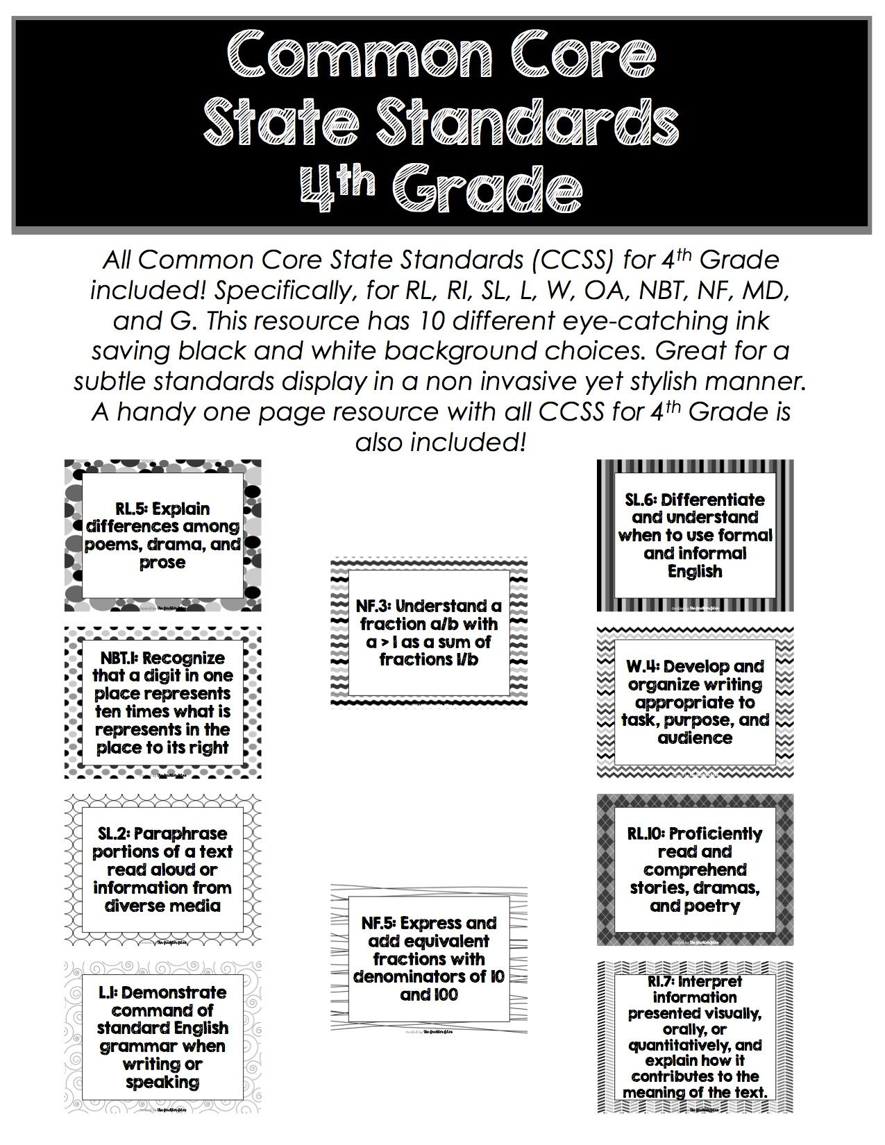 4th Grade Common Core State Standards CCSS Display Black White All 