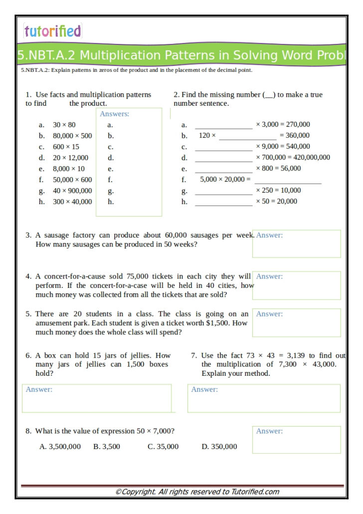 5th Grade Common Core Math Word Problems Worksheets