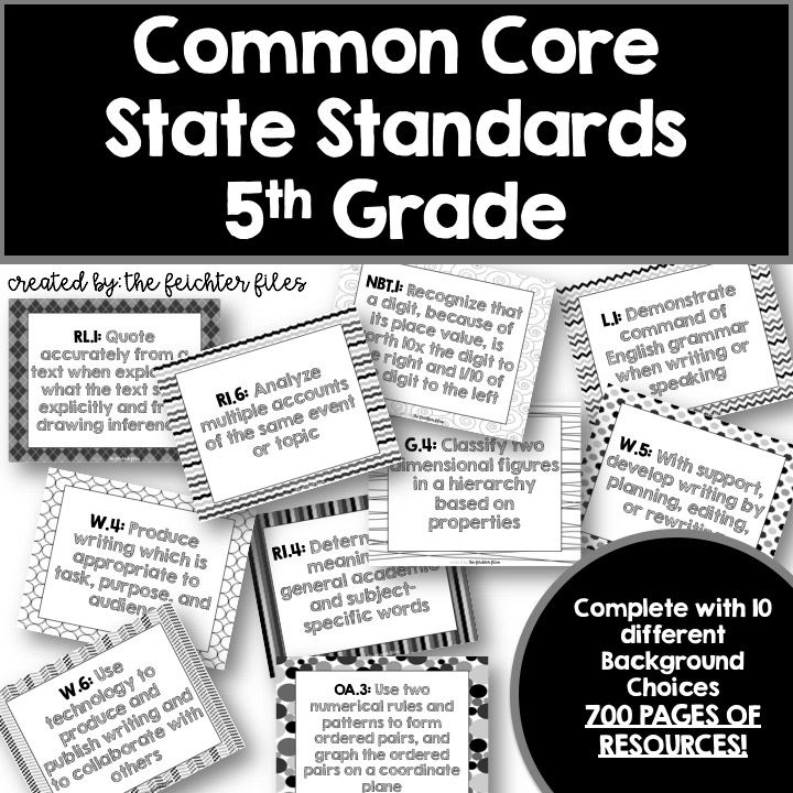 5th Grade Common Core State Standards CCSS Display Black White 