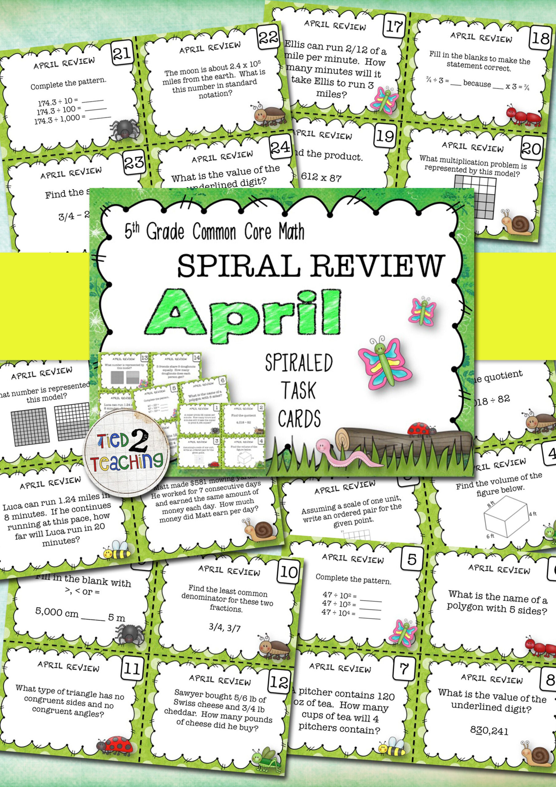 5th Grade Math Spiraled Common Core Review Task Cards APRIL Is 