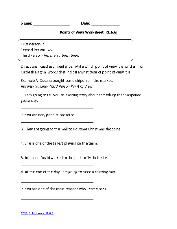6th Grade Common Core Reading Literature Worksheets