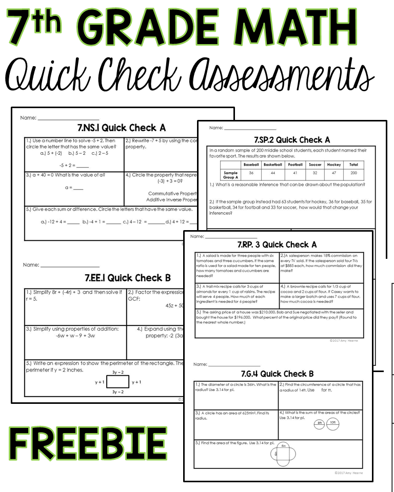 7th Grade Math Quick Check Assessment FREEBIE Bell Ringers Or Exit 