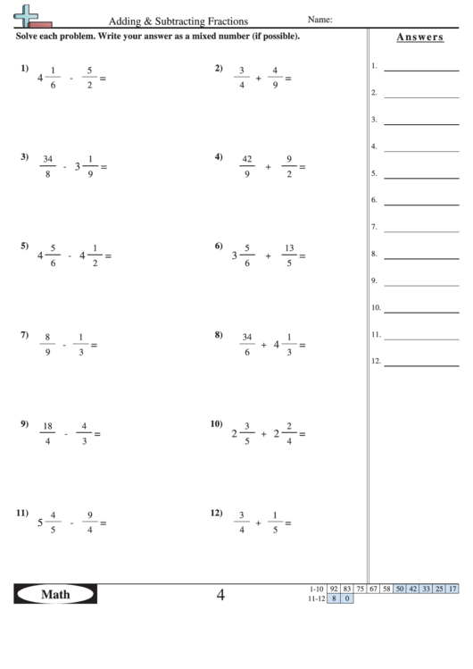 Adding And Subtracting Fractions Worksheet With Answer Key Printable 