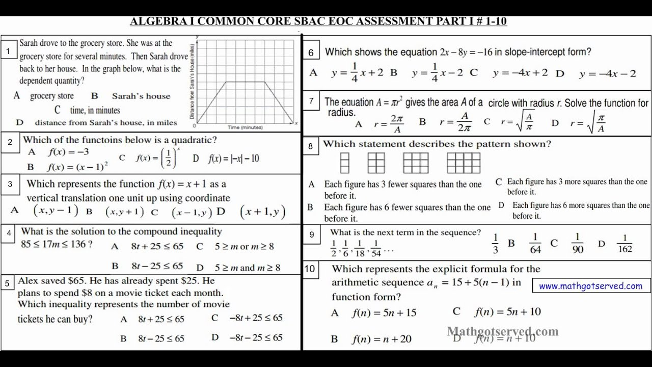 Algebra I Common Core SBAC Assessement Part I Practice Test 1 10 YouTube