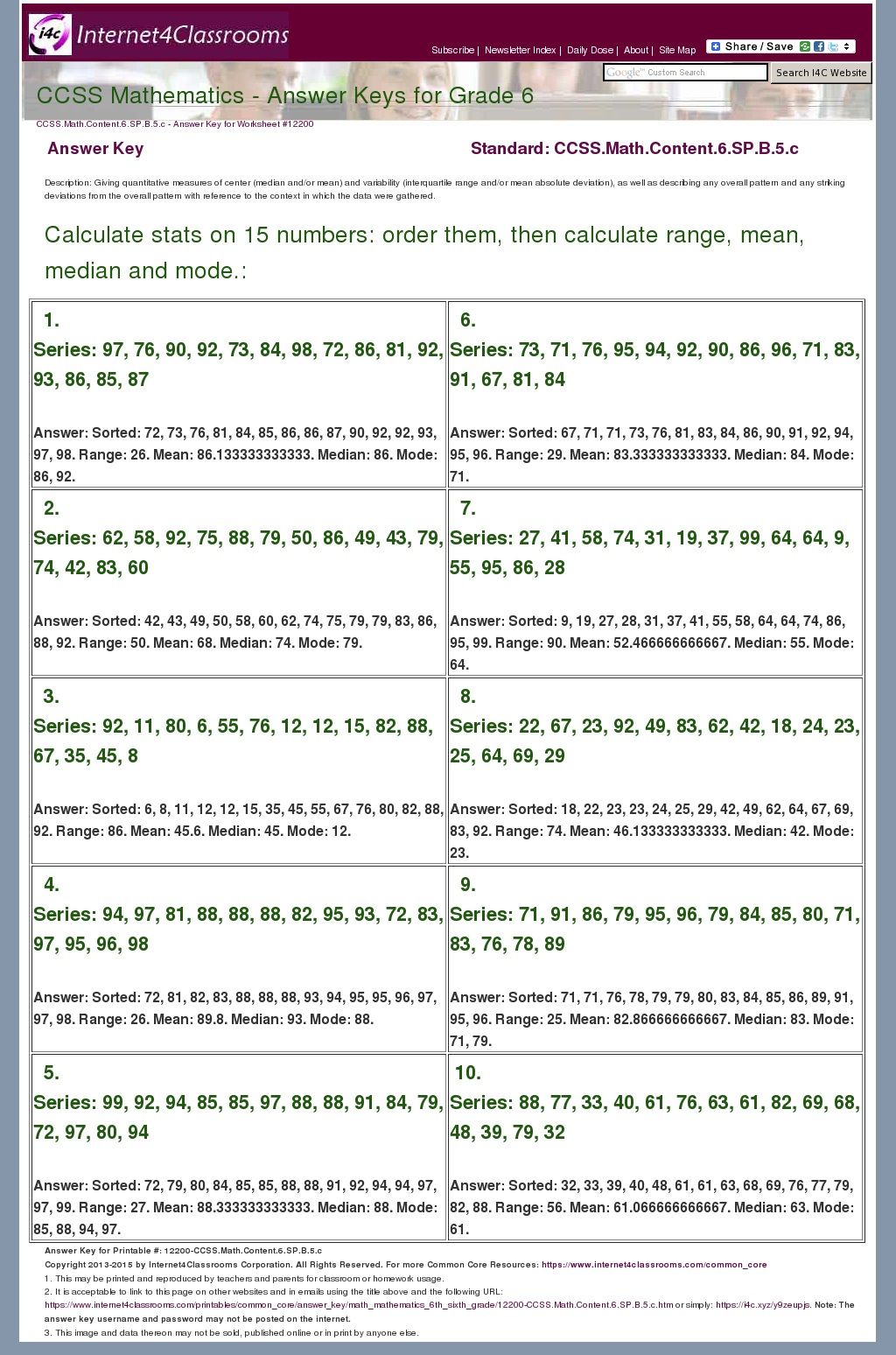 Answer Key Download Worksheet 12200 CCSS Math Content 6 SP B 5 c