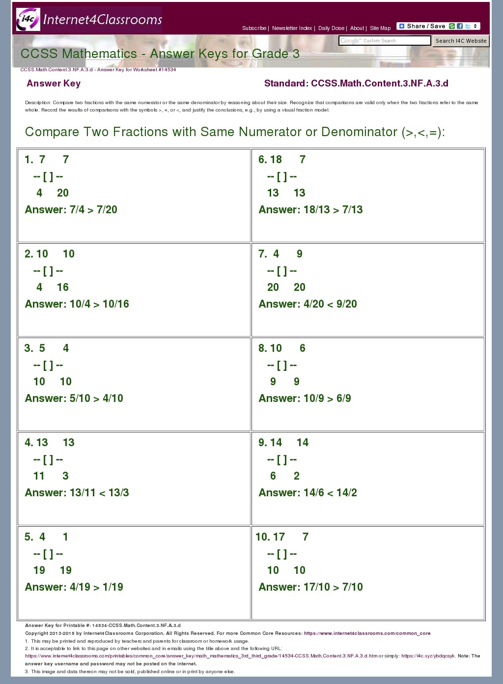 Answer Key Download Worksheet 14534 CCSS Math Content 3 NF A 3 d