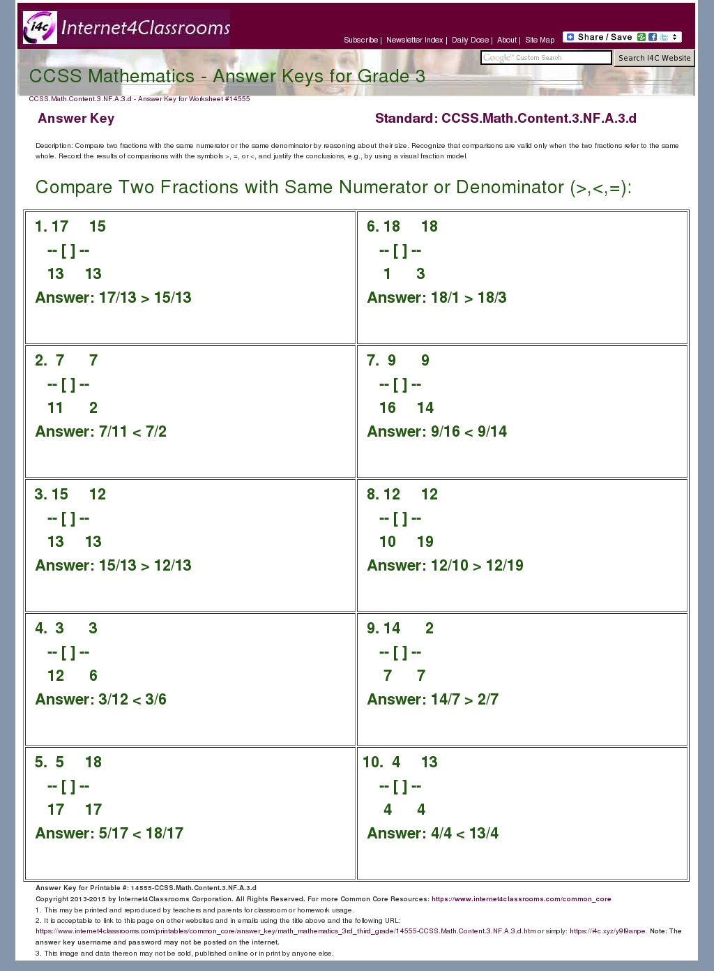 Answer Key Download Worksheet 14555 CCSS Math Content 3 NF A 3 d