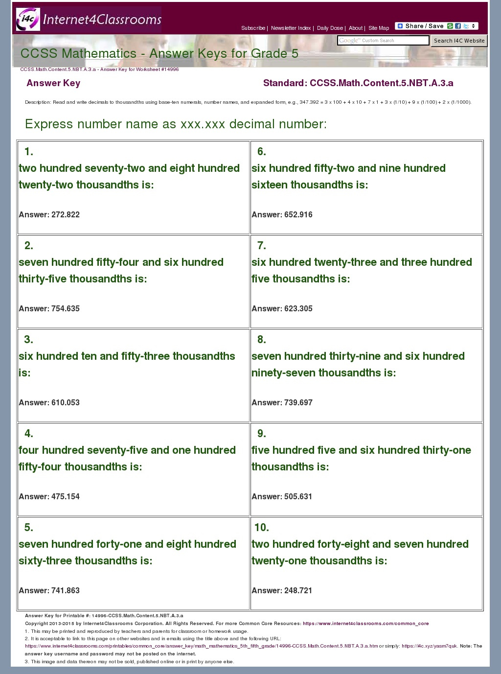 Answer Key Download Worksheet 14996 CCSS Math Content 5 NBT A 3 a