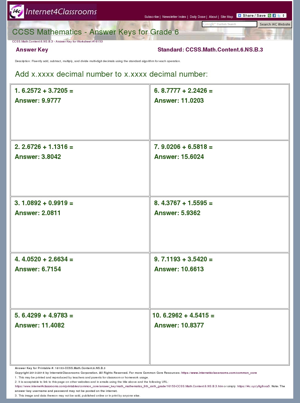 Answer Key Download Worksheet 16153 CCSS Math Content 6 NS B 3