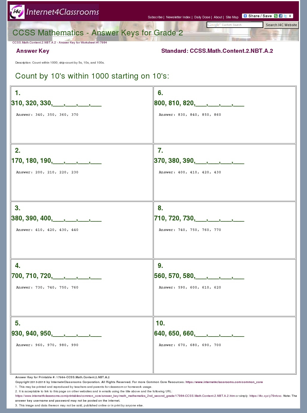 Answer Key Download Worksheet 17984 CCSS Math Content 2 NBT A 2