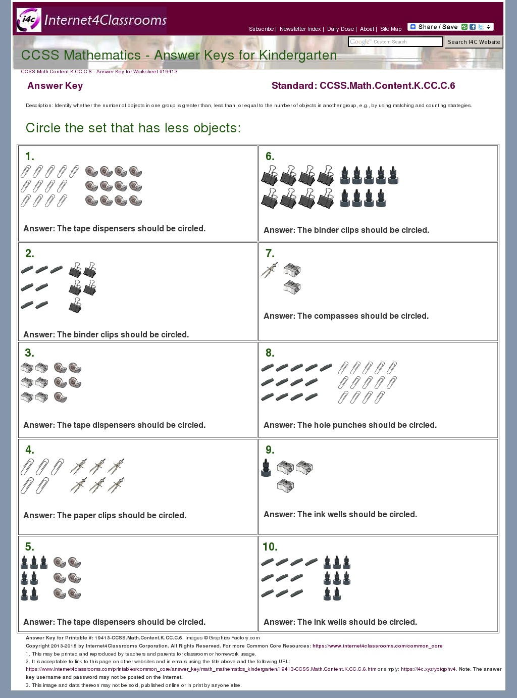 Answer Key Download Worksheet 19413 CCSS Math Content K CC C 6