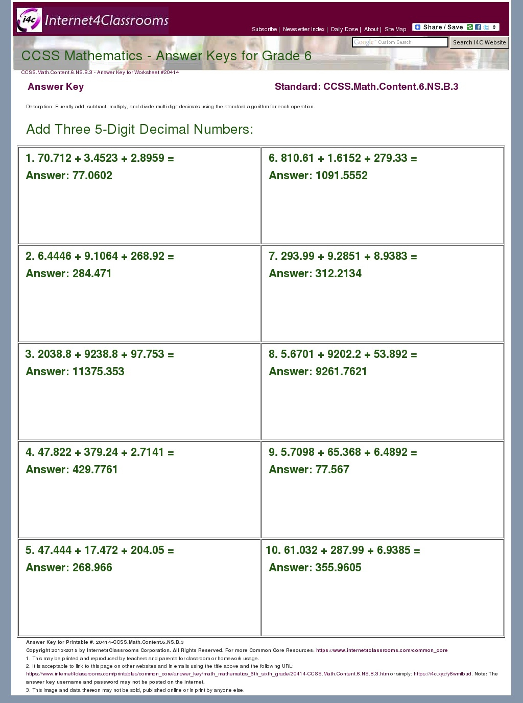 Answer Key Download Worksheet 20414 CCSS Math Content 6 NS B 3