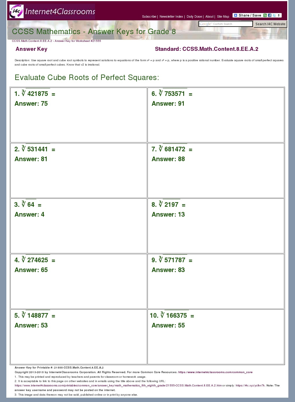 Answer Key Download Worksheet 21555 CCSS Math Content 8 EE A 2