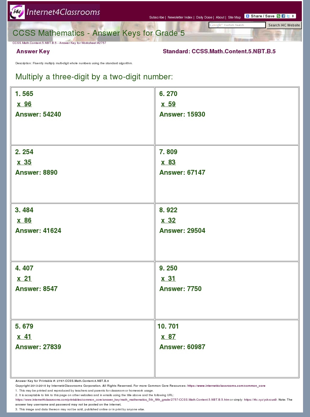 Answer Key Download Worksheet 2757 CCSS Math Content 5 NBT B 5