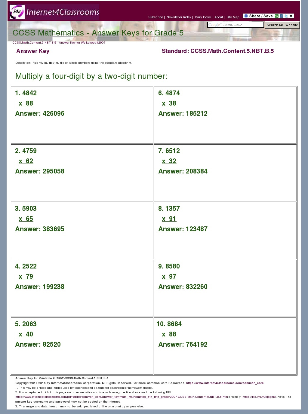 Answer Key Download Worksheet 2907 CCSS Math Content 5 NBT B 5
