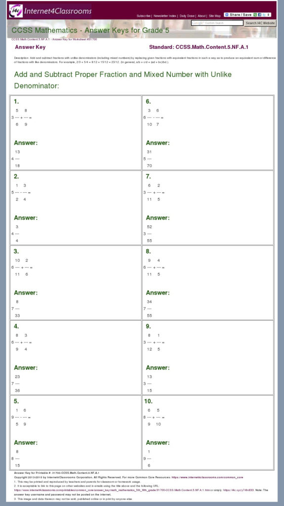 5th Grade Common Core Math Worksheets With Answer Key | Common Core ...