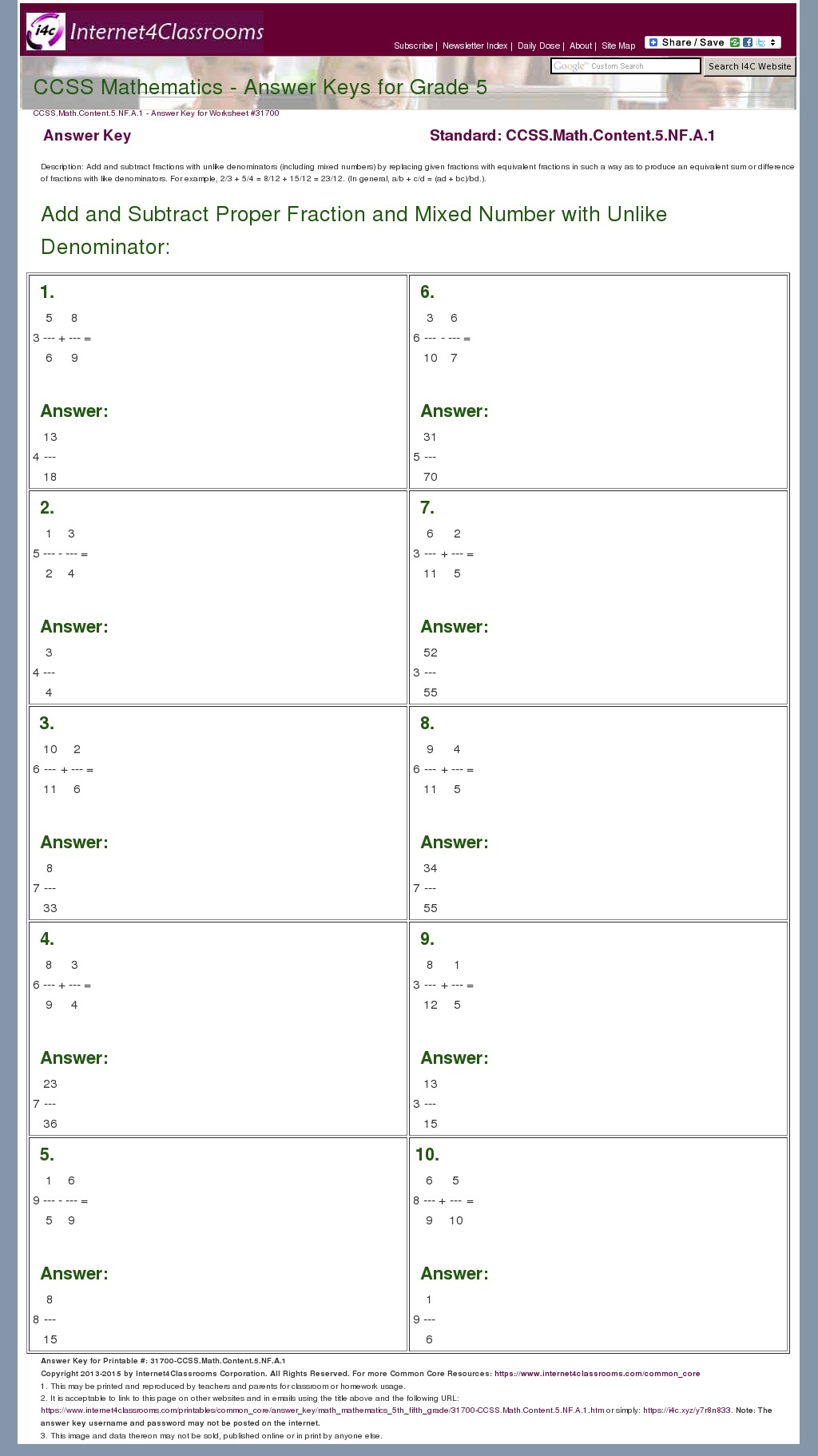 Answer Key Download Worksheet 31700 CCSS Math Content 5 NF A 1