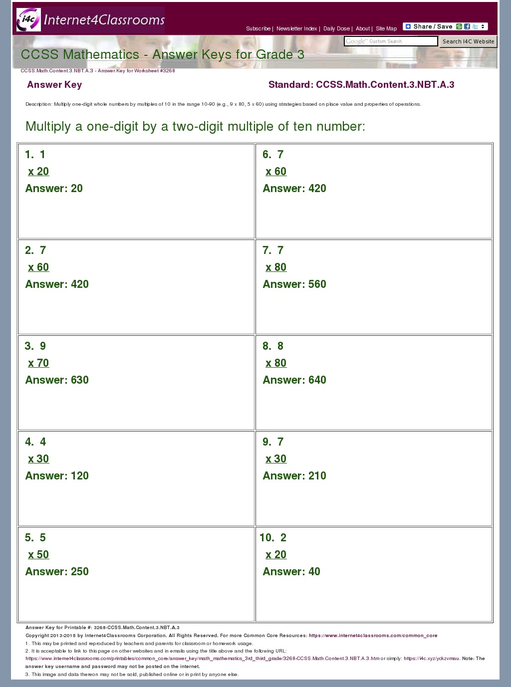 Answer Key Download Worksheet 3268 CCSS Math Content 3 NBT A 3