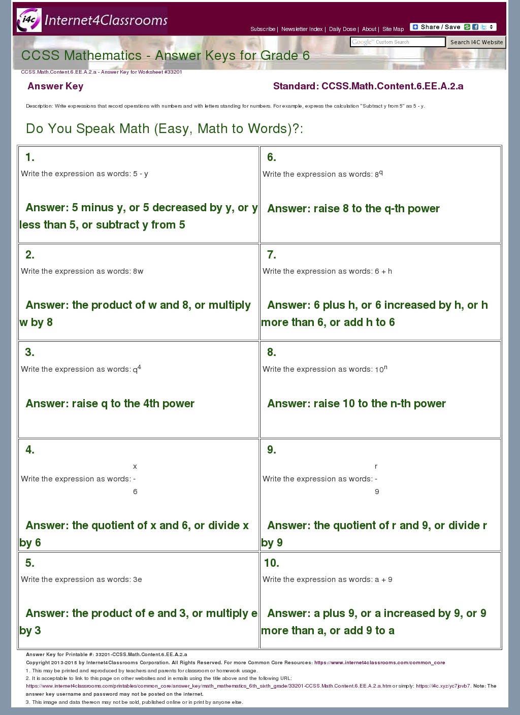 Answer Key Download Worksheet 33201 CCSS Math Content 6 EE A 2 a