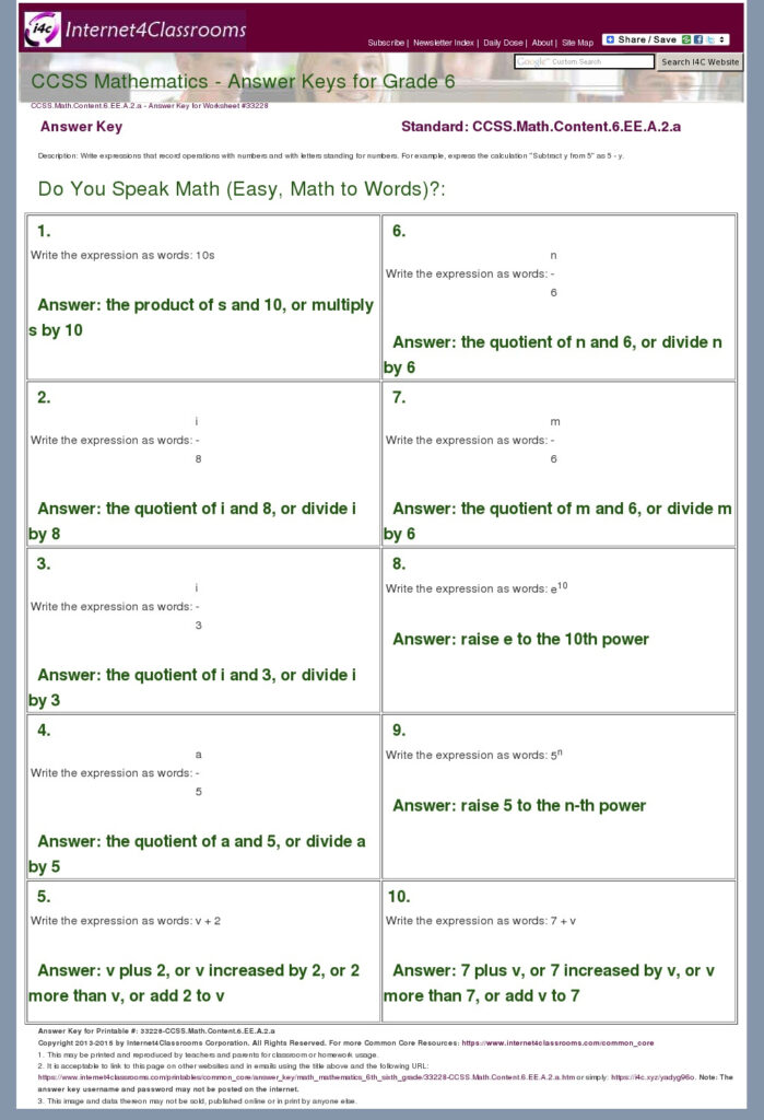 Common Core Sheets Answer Key 6th | Common Core Worksheets