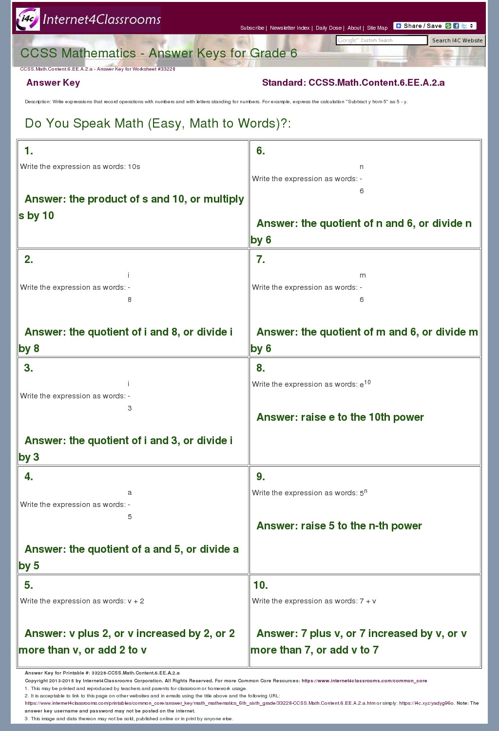 Answer Key Download Worksheet 33228 CCSS Math Content 6 EE A 2 a