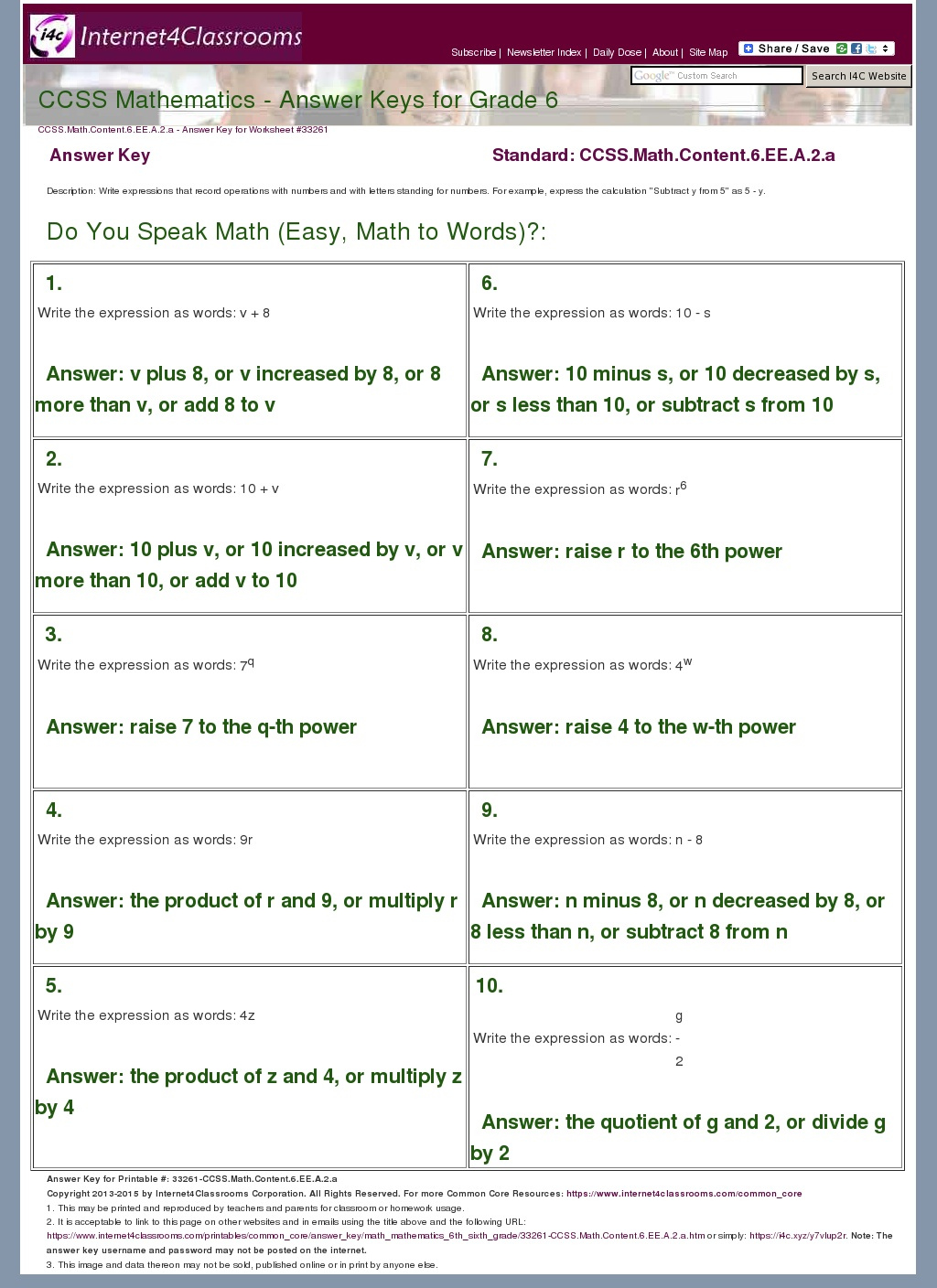 Answer Key Download Worksheet 33261 CCSS Math Content 6 EE A 2 a