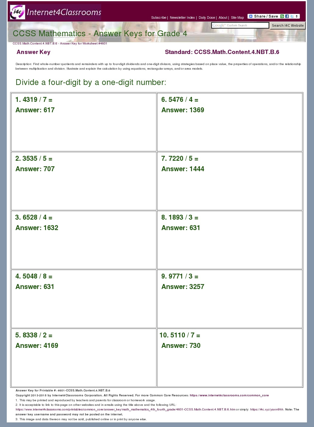 Answer Key Download Worksheet 4601 CCSS Math Content 4 NBT B 6
