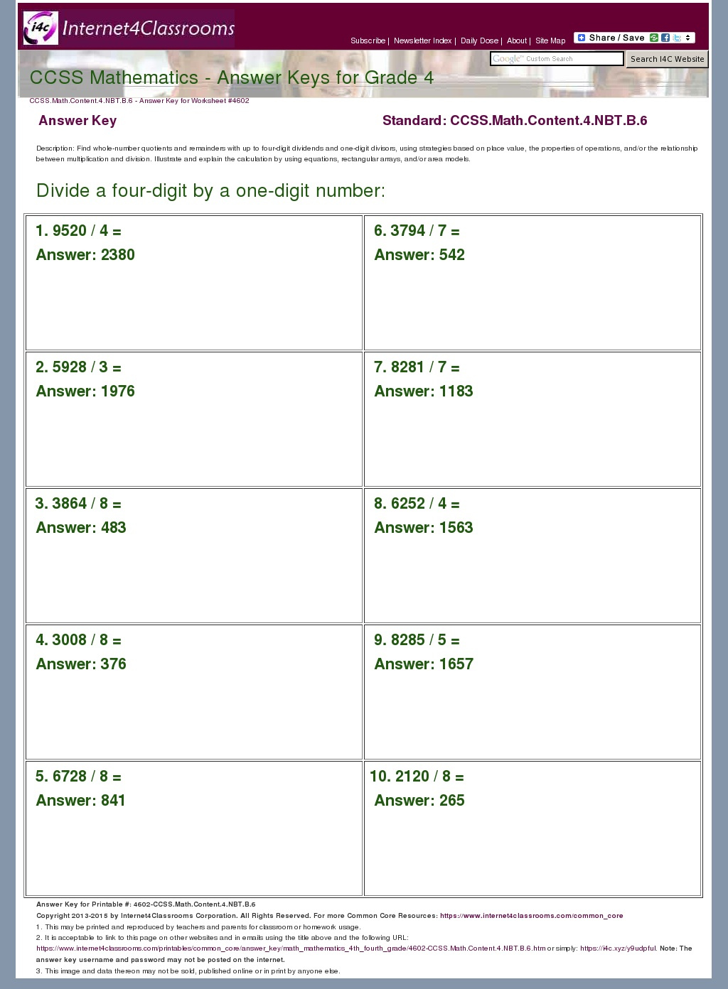 Answer Key Download Worksheet 4602 CCSS Math Content 4 NBT B 6