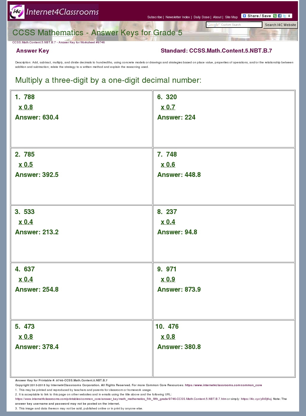 Answer Key Download Worksheet 9746 CCSS Math Content 5 NBT B 7