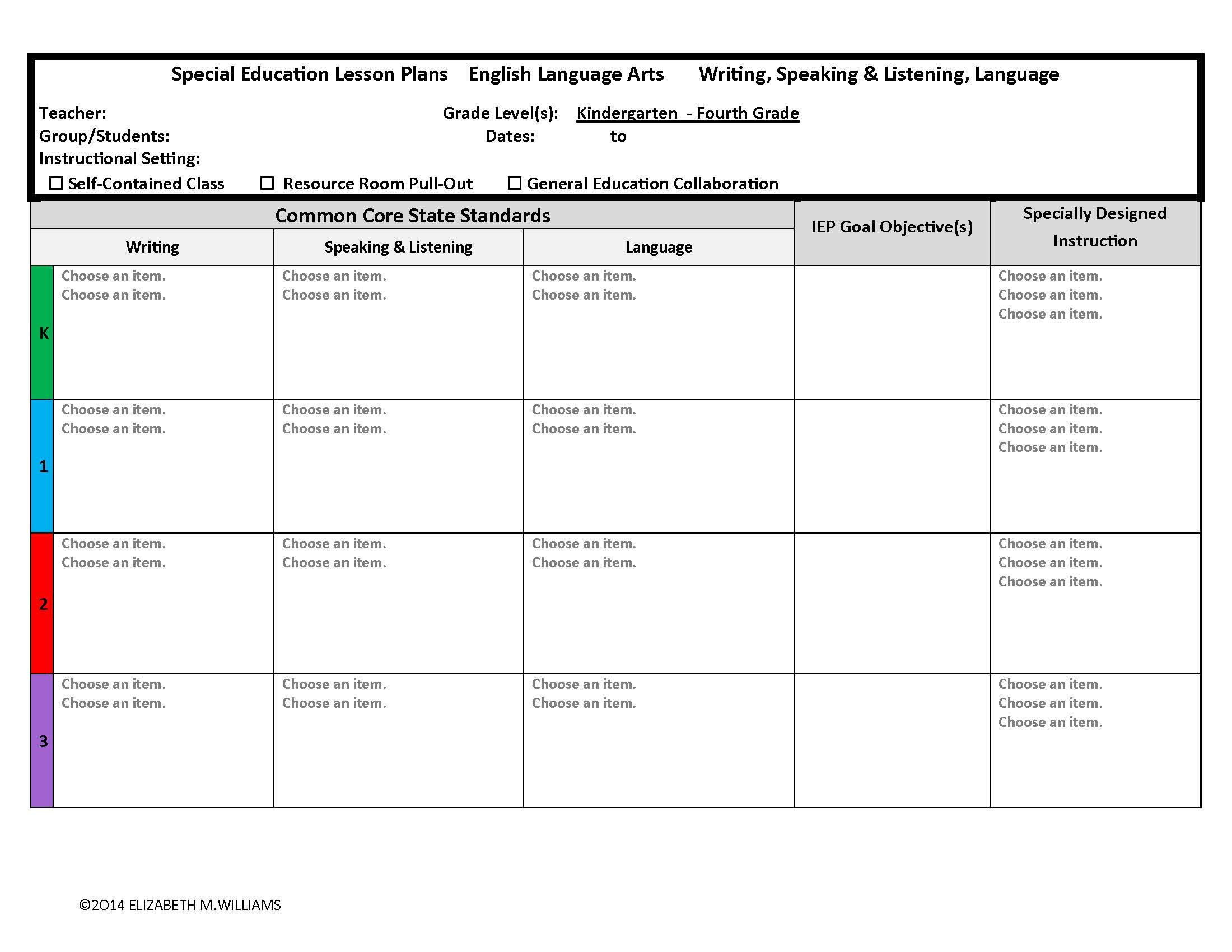 Common Core Aligned Interactive Special Education Lesson Plan Templates 