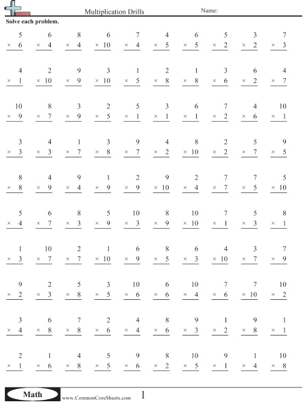 Common Core Worksheets Multiplication Facts A
