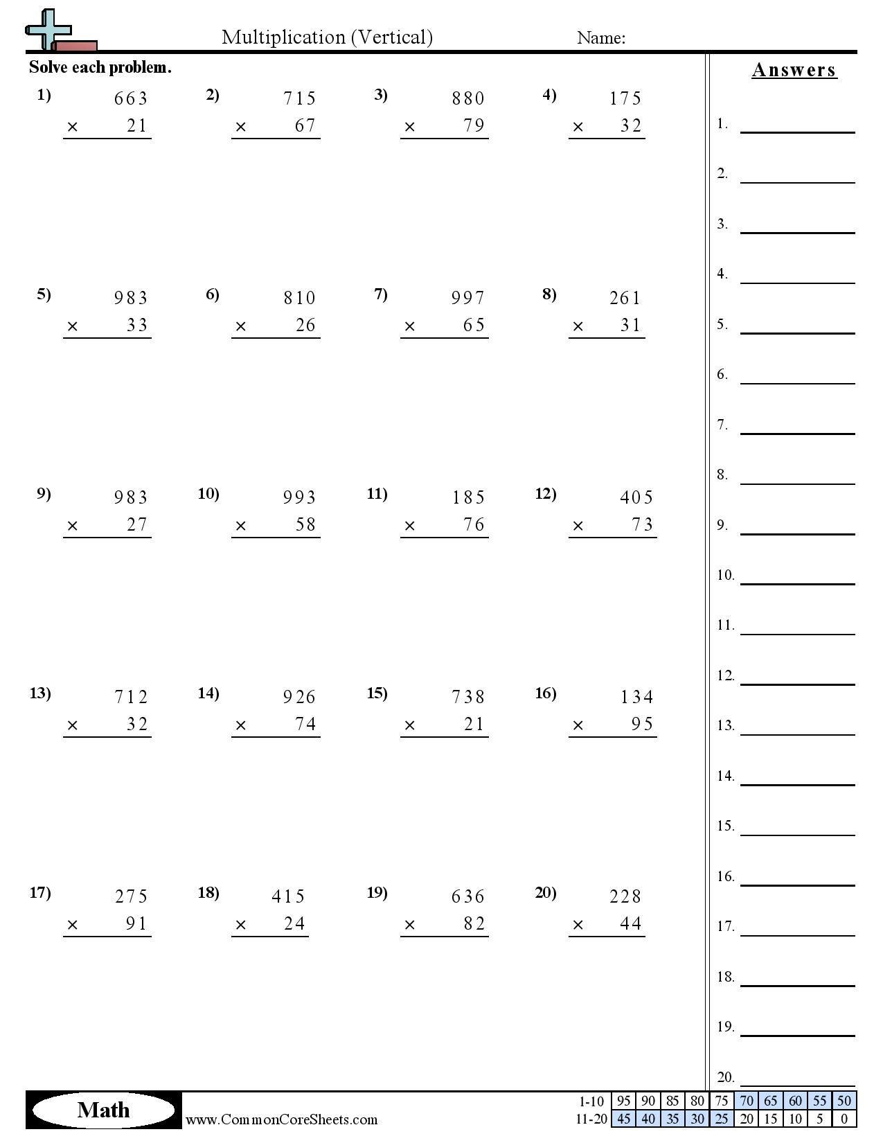 Common Core Sheets Multiplication Vertical 5th Grade Thekidsworksheet