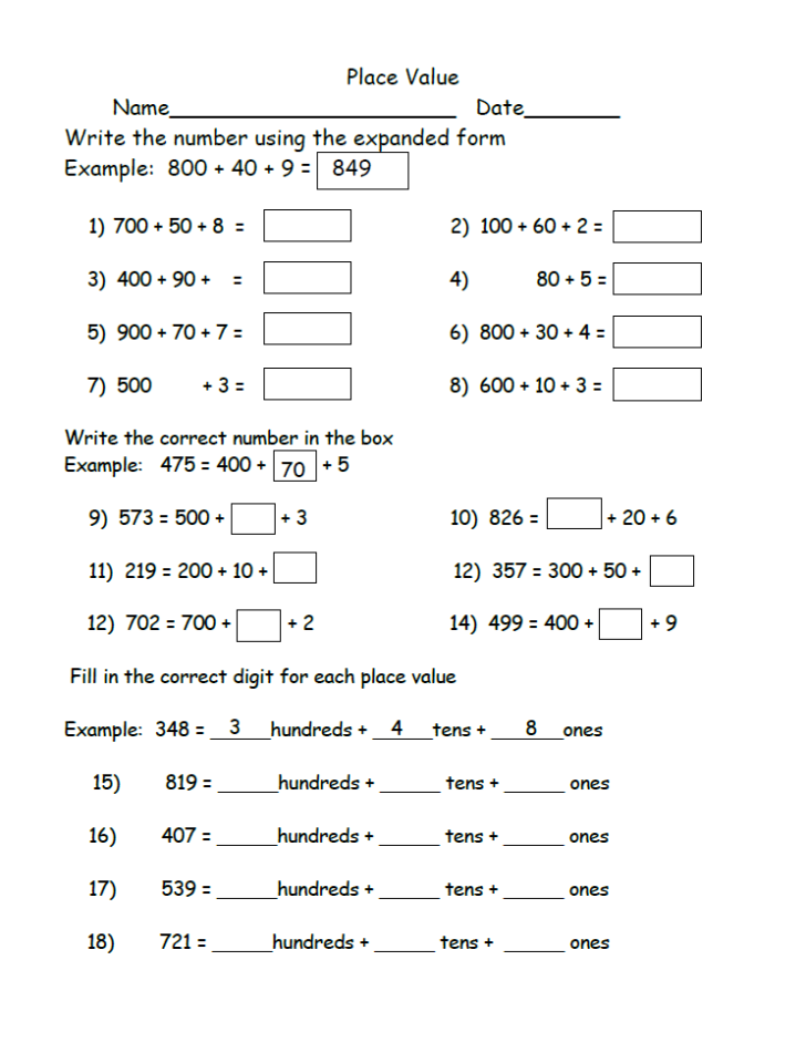Place Value Common Core Worksheets
