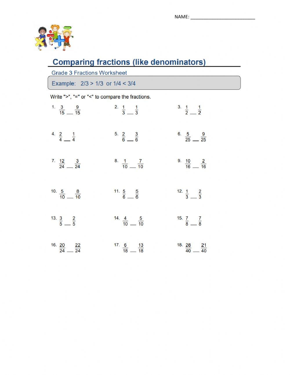 Comparing Fractions With Like Denominators Worksheet