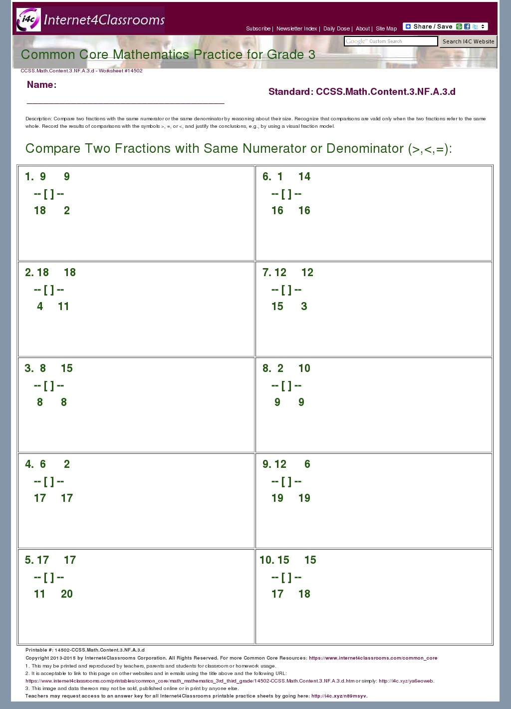 Description Download Worksheet 14502 CCSS Math Content 3 NF A 3 d