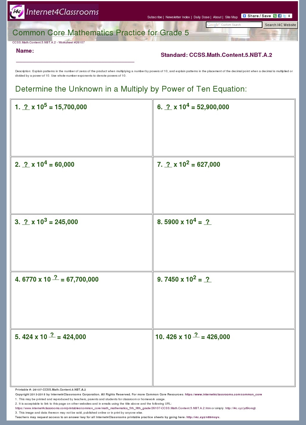 Description Download Worksheet 26107 CCSS Math Content 5 NBT A 2