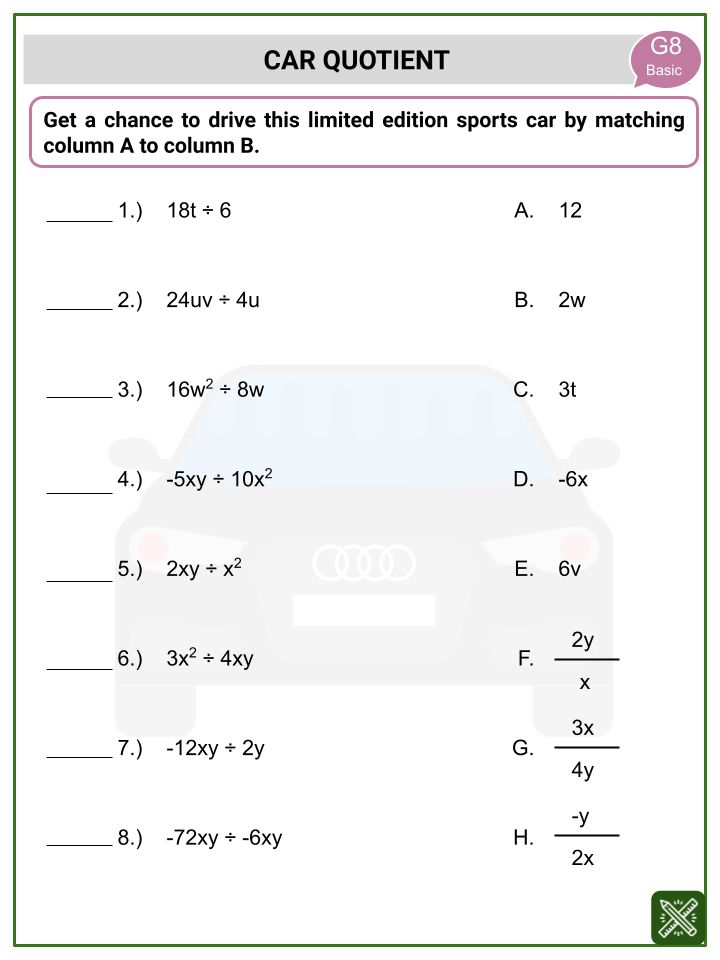 Division Of Algebraic Expressions Themed Math Worksheets Common Core Worksheets