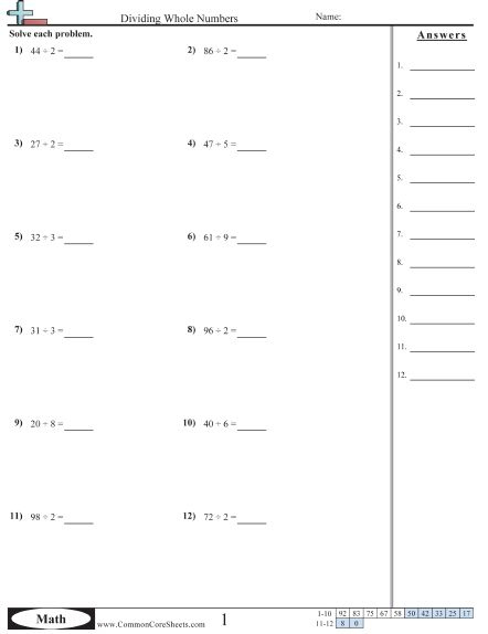Division Worksheets Dividing Whole Numbers Worksheet Common Core 