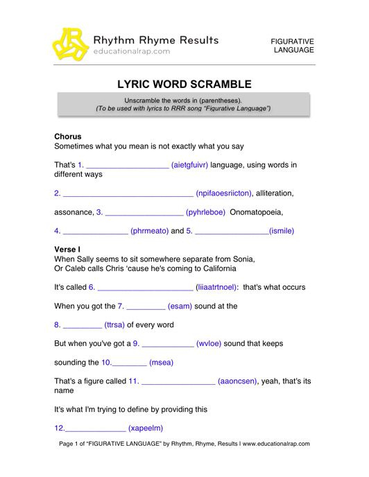 Figurative Language Song With Free Worksheets And Activities 