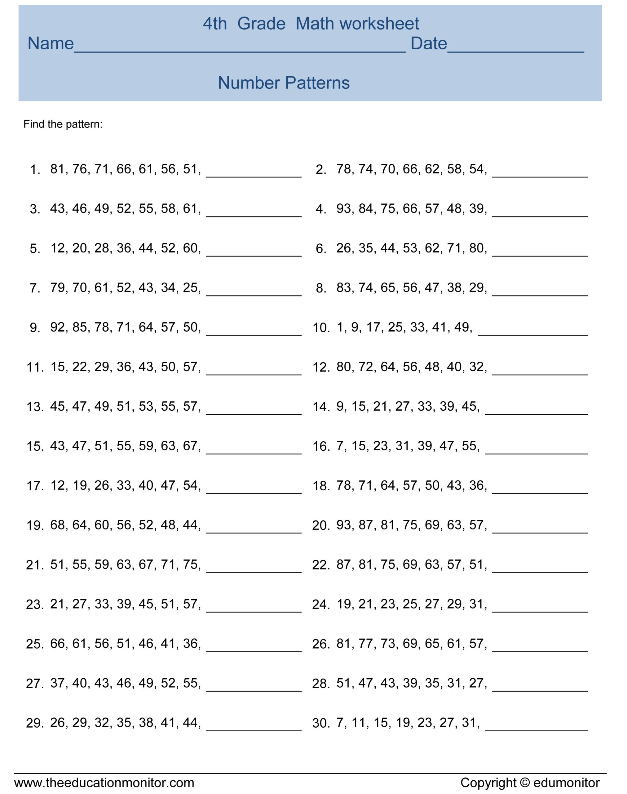 Free Printable Fourth Grade Math Archives EduMonitor