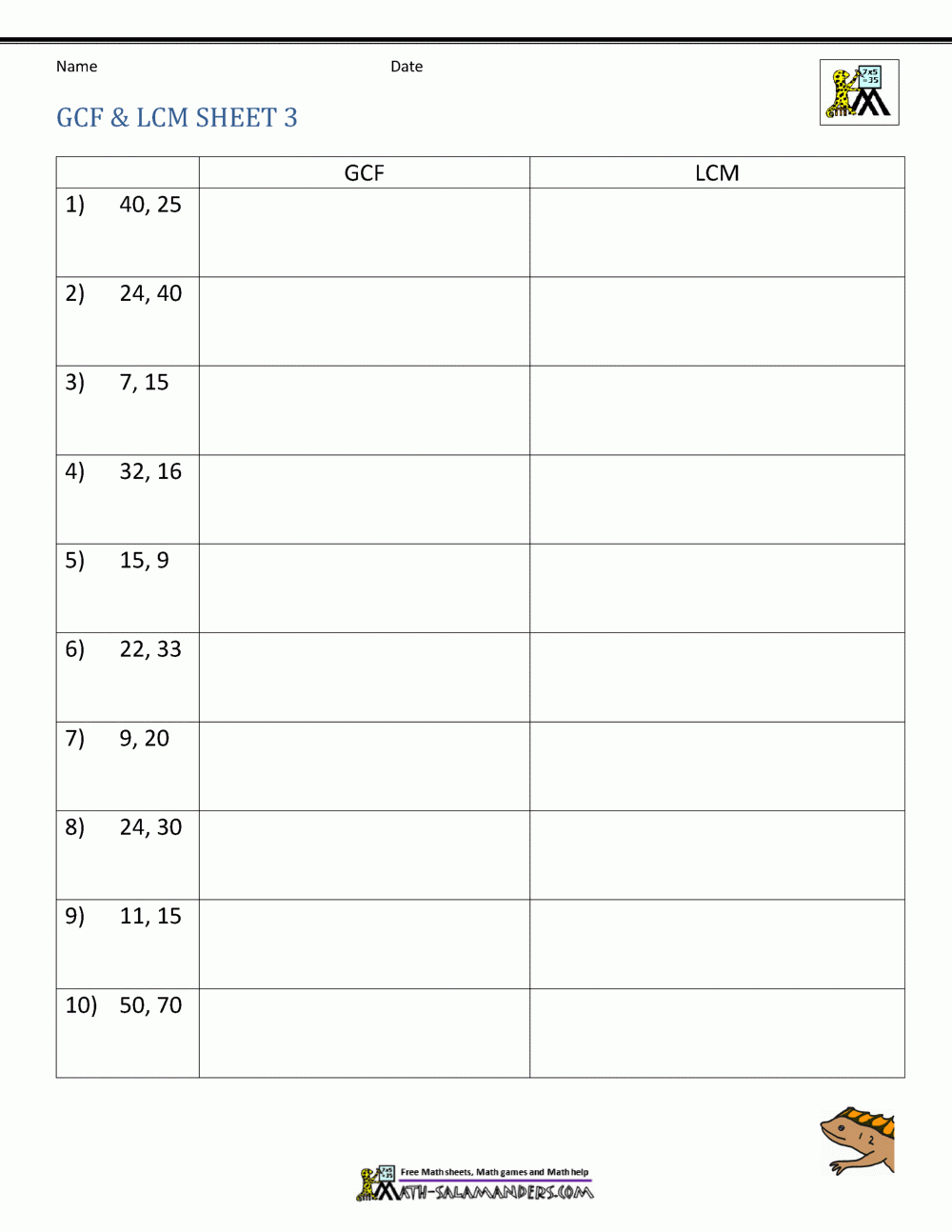 Gcf And Lcm Worksheet Grade 4 Greatest Common Factor Least Common 
