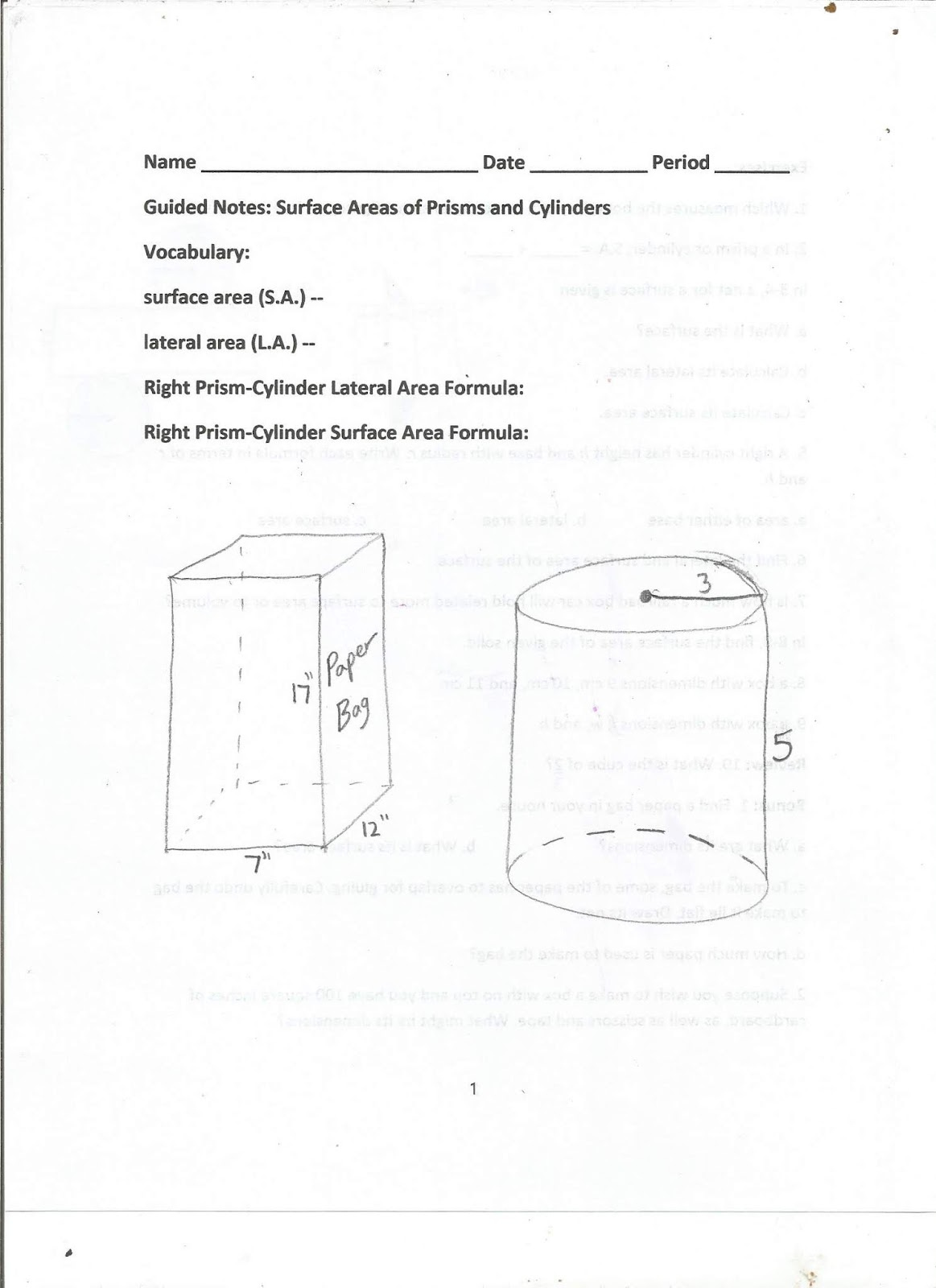 Geometry Common Core Style Lesson 10 1 Surface Area Of Prisms And 