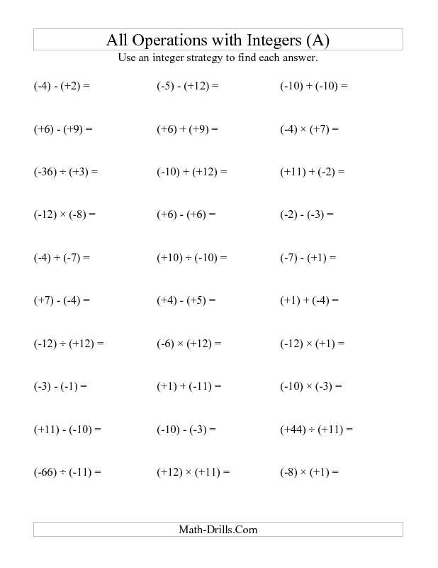 Integers Worksheet All Operations With Integers Range 12 To 12 