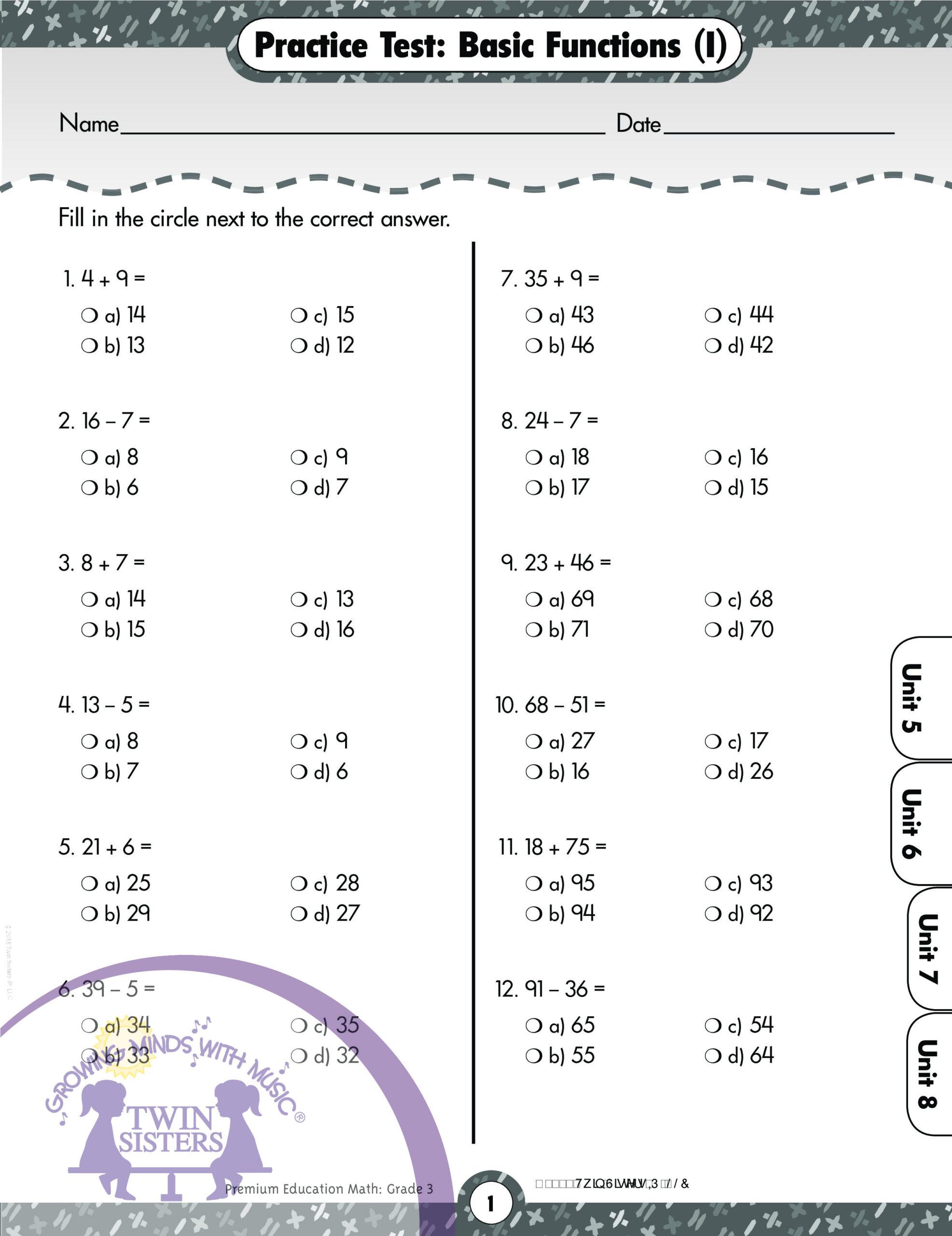 Math Grade 3 Comprehensive Skills Practice Test Twin Sisters