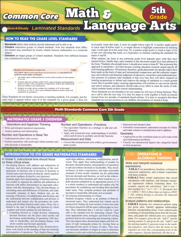 Math Language Arts Common Core State Standards Grade 5 Quick Study 