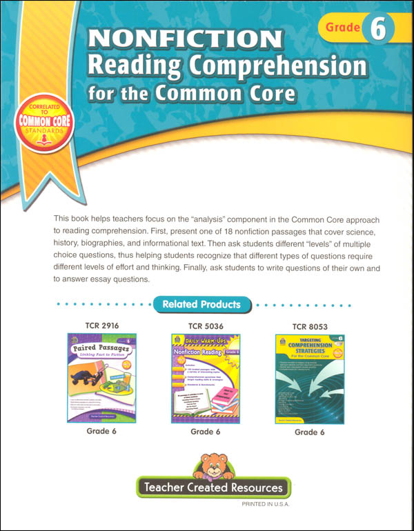 Nonfiction Reading Comprehension For The Common Core Grade 6 Teacher 