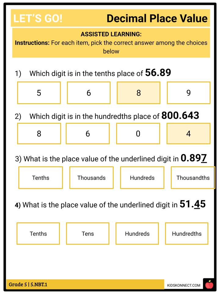 Numbers And Operations In Base 10 Decimal Place Values 5 NBT 1 Facts 