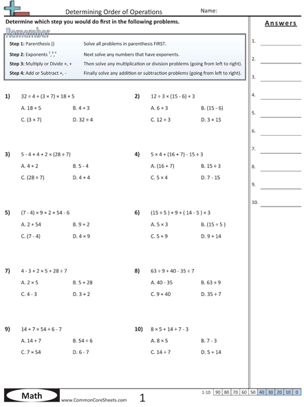 Common Core Worksheets Order Of Operations